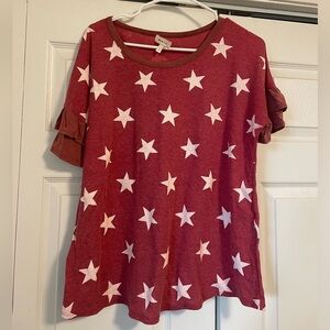 Red with white stars waffle knit shirt with bell sleeves